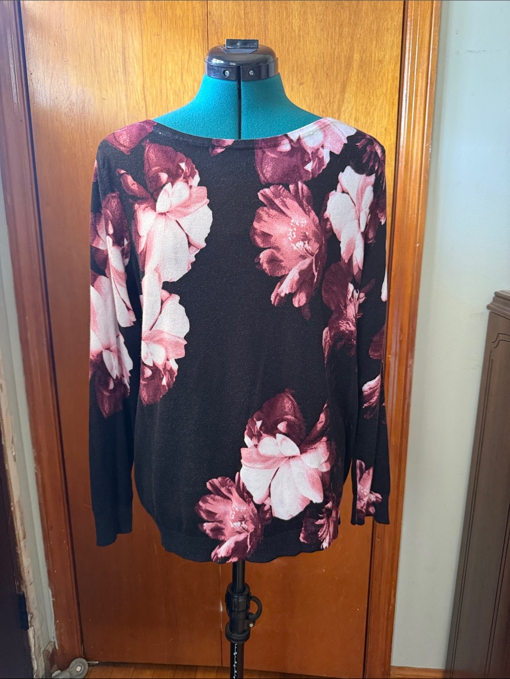 Black Crewneck Sweater with Pink Floral Print
